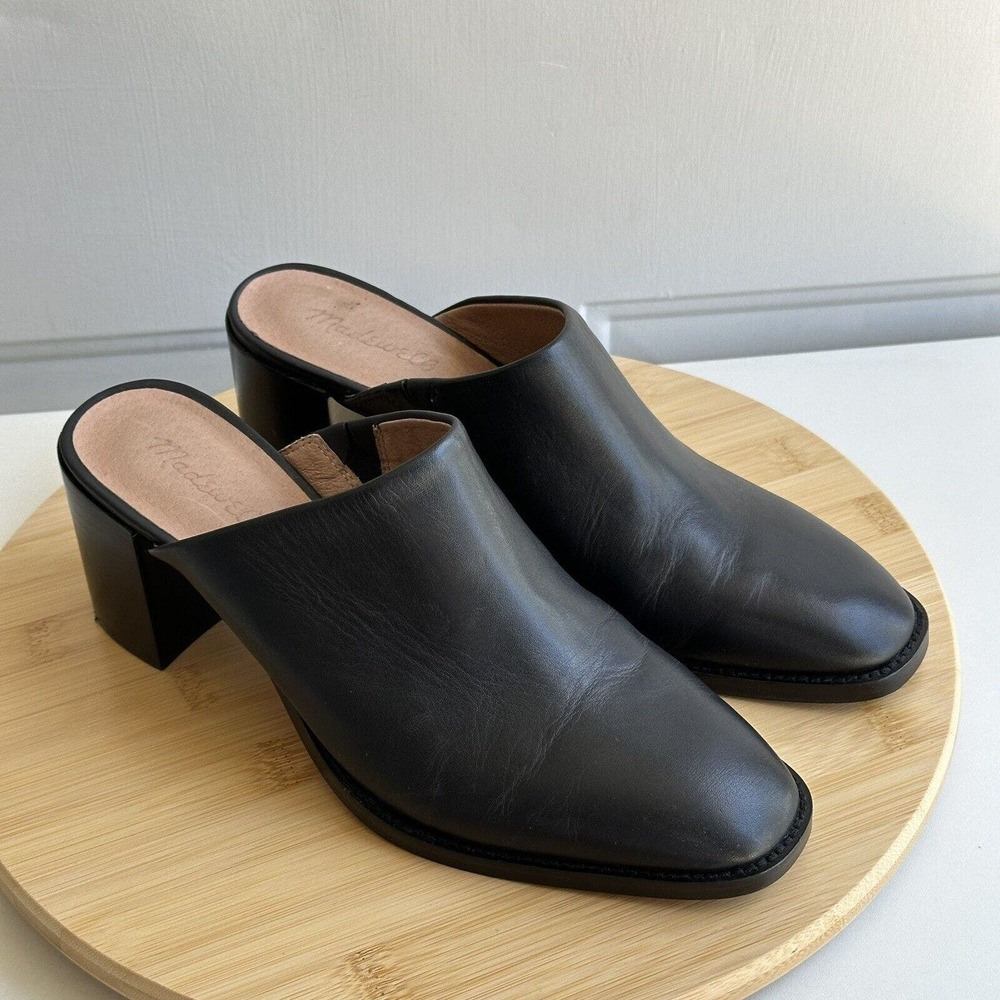 Madewell Mule Womens 9.5 M Black Leather Macarro Stacked Heel Square Toe Slip On